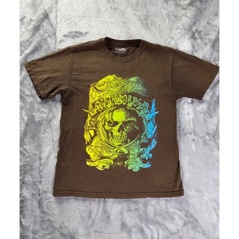 Quiksilver Graphic Y2K Skeleton Brown T Shirt Big Print Sz M